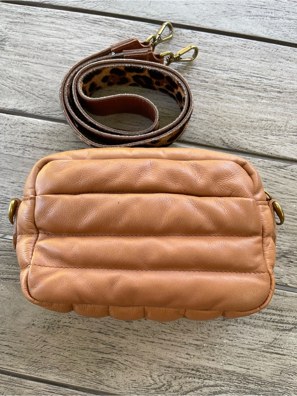 Madewell Transport Camera Leather Quilted Crossbody Bag Tan with Leopard Strap